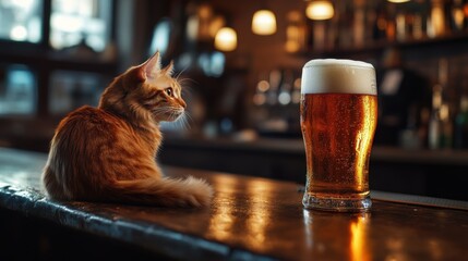 A charming scene of a cat sitting beside a chilled beer in a warm, cozy bar setting, emphasizing the companionship of pets and the relaxing joys of social gatherings.