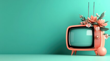 This charming retro television set adorned with vibrant flowers sits against a smooth turquoise backdrop, symbolizing nostalgia and creativity in design.