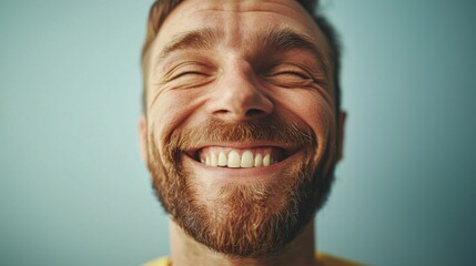 A close-up of a happy man beaming with joy, showcasing genuine happiness and warmth through his smile, inviting viewers to share in the moment of joy and positivity.