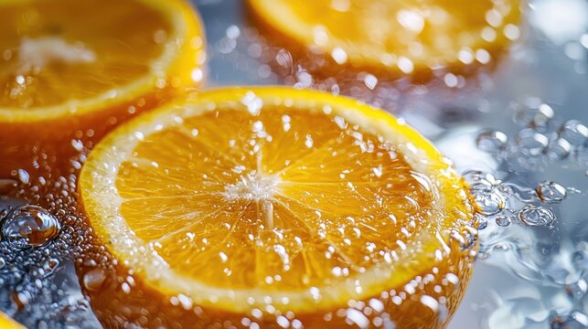 This image features vibrant orange slices floating in bubbly water, capturing the essence of freshness and the revitalizing feel of citrus fruit in a captivating setting.
