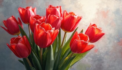 Close up photo of vibrant red tulips in full bloom. Fresh floral bouquet displays beauty of nature. Artistic oil painting style creates visual interest. Perfect for spring themed designs.