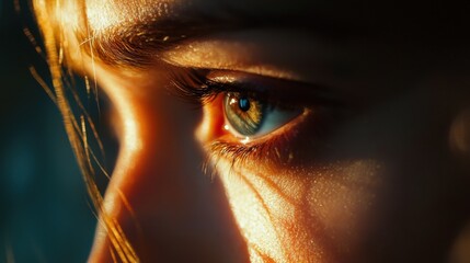 A dramatic close-up shot of a captivating eye reveals intricate details and vibrant color, capturing emotion and the essence of human connection.