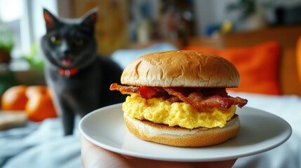 A tempting breakfast sandwich filled with egg and bacon is held up in focus, with a curious cat in the background, hinting at a cozy morning setting.