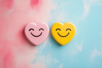 Two cheerful heart shapes, one pink and one yellow, are placed on a textured canvas background, symbolizing love, joy, and happiness in vibrant colors.