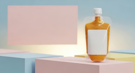 Orange squeeze pouch with blank label on pastel blocks