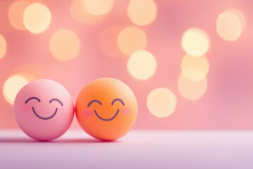 A delightful pair of smiley balls, one pink and one orange, sit close to each other, surrounded by soft bokeh lights creating a joyful and warm atmosphere.