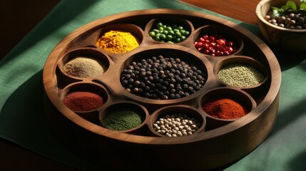 A colorful assortment of spices arranged neatly in a wooden tray, capturing the essence of culinary diversity and the importance of flavor in food preparation and enjoyment.