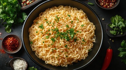 A bowl of creamy noodles garnished with fresh herbs flies as the perfect dish for culinary enthusiasts seeking comfort food and rich flavors to indulge in.