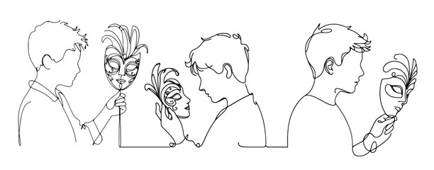 Fototapeta premium Boys holding Venetian masks in single line illustration set