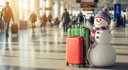 snowman with luggage at airport terminal during winter holiday travel season