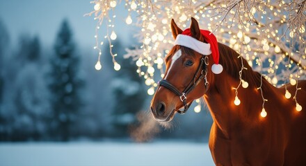 festive horse wearing santa hat under glowing fairy lights in a snowy winter landscape