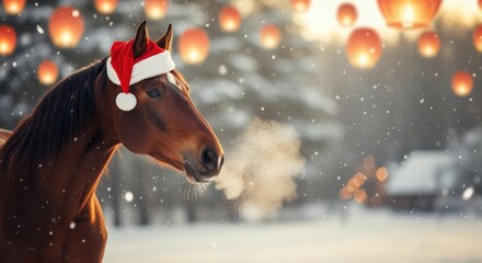 brown horse wearing santa hat in snowy winter landscape with glowing lanterns at sunset