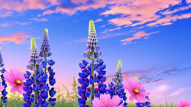 Vibrant Purple Lupines and Pink Blossoms Blooming in a Sunset Prairie Meadow
