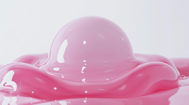 A pastel pink liquid sphere stretching slowly like mochi, shimmering highlights, adorable soft texture, hyper-detailed glossy surface, floating gently in bright white space