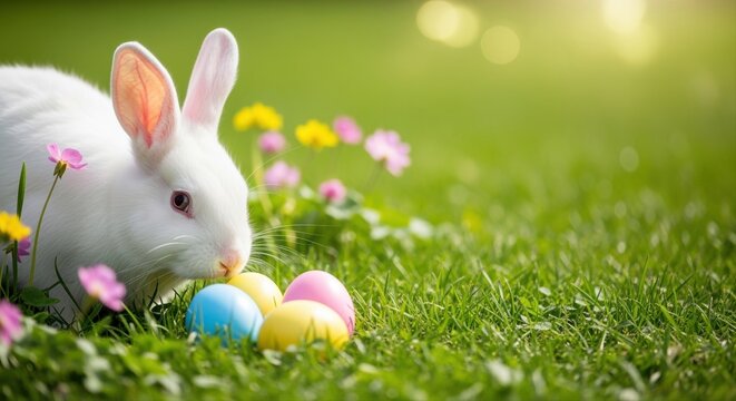 white rabbit exploring colorful easter eggs in sunny garden with spring flowers - Powered by Adobe