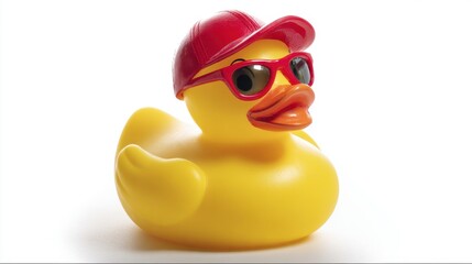 A yellow rubber duck wearing a red hat and sunglasses. The duck is sitting on a white background