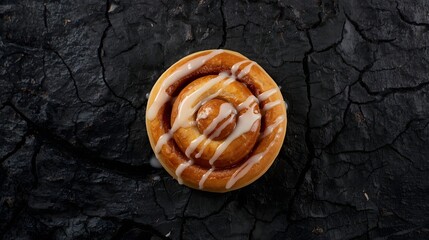 Warm cinnamon roll with sweet icing showcased on a textured dark stone background, highlighting rich baked detail and inviting dessert atmosphere for food styling, menu design, and culinary branding