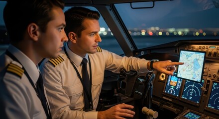 Two male pilots analyzing flight data in airplane cockpit at night
