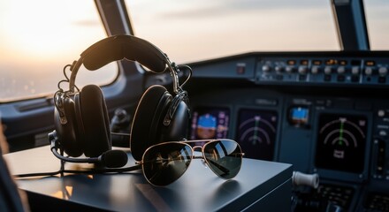 Fototapeta premium Aviation cockpit view with pilot headset and sunglasses in modern aircraft