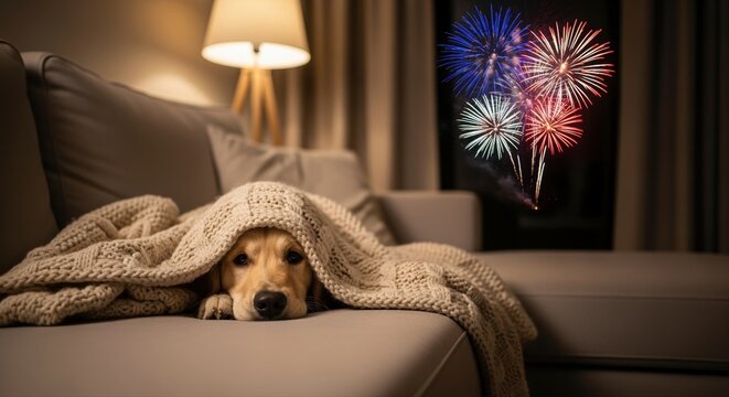 dog hiding under blanket on couch during colorful fireworks in living room at night