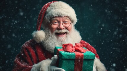 A cheerful Santa Claus with a white beard and red suit holds a green gift with a red bow. Snowflakes gently fall around him creating a festive atmosphere during the holiday season.