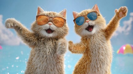 Two cats wearing sunglasses and standing in the water. One of the cats is smiling and the other is making a funny face