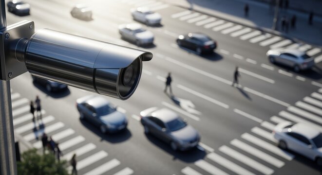 security camera overseeing busy urban street with cars and pedestrians in daylight - Powered by Adobe
