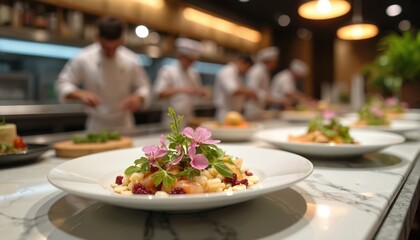 Elegant gourmet dish on marble counter in a restaurant kitchen. Chefs prepare food. Plates with meals ready for service. Culinary experience at a fine dining establishment.