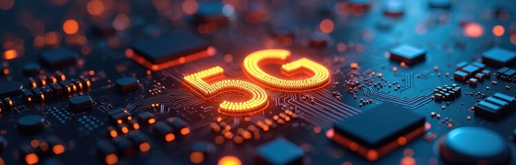 Glowing 5G symbol on complex circuit board with glowing lights. Digital network technology background with electronic components, data flow. Futuristic communication concept with interconnected