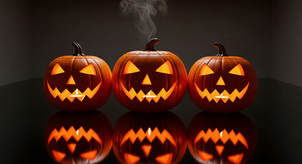 Three orange pumpkins with carved faces and a candle inside, on dark surface. Image represents Halloween holiday and autumnal celebration