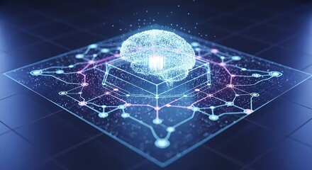 A futuristic digital illustration depicting an artificial intelligence brain made of glowing particles floating above a holographic circuit board. The image showcases advanced technology, neural netwo