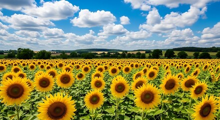 Vast field of blooming sunflowers under a bright blue sky with fluffy clouds