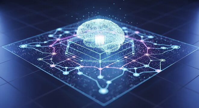 A futuristic digital illustration depicting an artificial intelligence brain made of glowing particles floating above a holographic circuit board. The image showcases advanced technology, neural netwo