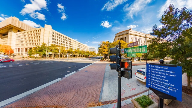 Pennsylvania Avenue in Washington DC surrounded by golden autumn foliage