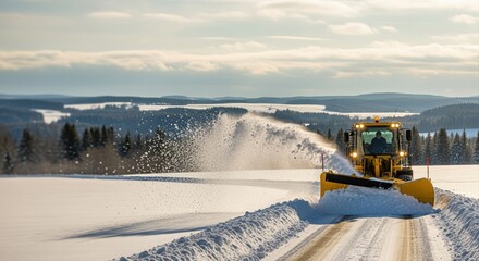 snow plow clearing a rural road in a winter landscape with mountains and pine trees