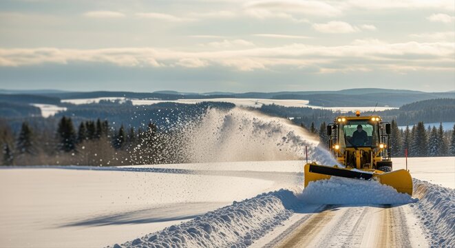 snow plow clearing a rural road in a winter landscape with mountains and pine trees - Powered by Adobe