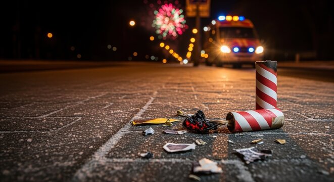 night street scene with fireworks debris and ambulance lights in the background