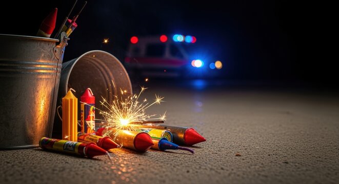 colorful fireworks with sparklers on pavement, emergency vehicle lights in background, night scene