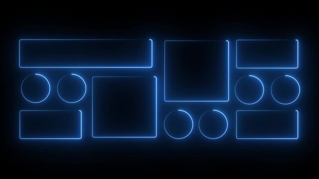Neon Liquid glass smartphone interface isolated. Blue color light frame square and circle banner with shine stroke. Control center widget for smartphone and web app, vector illustration. 4k animation