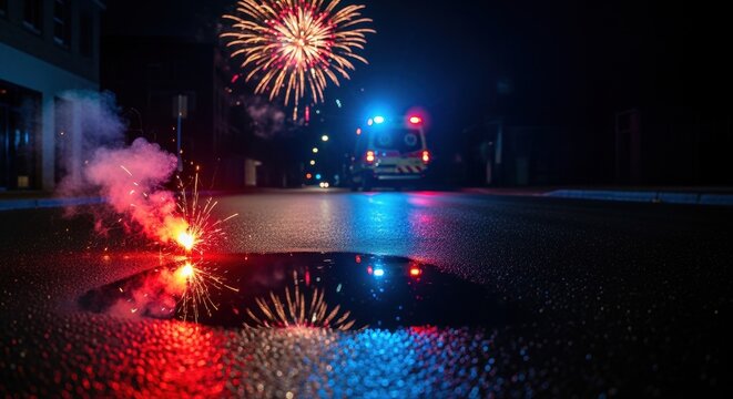 colorful fireworks illuminating night street with police car, reflection in water puddle