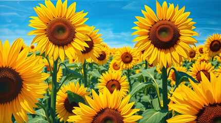 Fototapeta premium Full Frame Close-up of Vibrant Sunflower Heads and Green Foliage, Creating a Dense, Immersive Texture and Saturated Color Palette Under Clear Skies