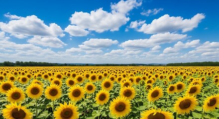 Vast field of blooming sunflowers under a bright blue sky with fluffy clouds