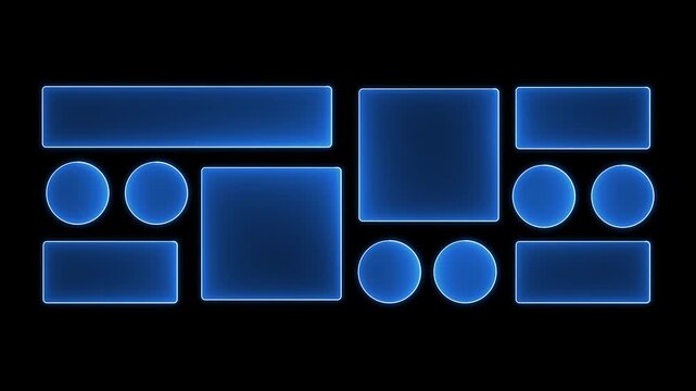 Neon Liquid glass smartphone interface isolated. Blue color light frame square and circle banner with shine stroke. Control center widget for smartphone and web app, vector illustration. 4k animation