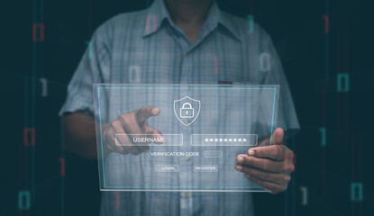 Cybersecurity login concept. Businessman touching virtual interface showing username, password and verification fields. Highlighting secure access, data protection and digital authentication.