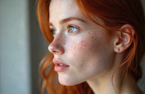 Close-up profile of red haired young woman with freckles and blue eyes. She has natural makeup and looks thoughtfully away from camera. Female beauty, youthful skin, ginger hair, indoor portrait.