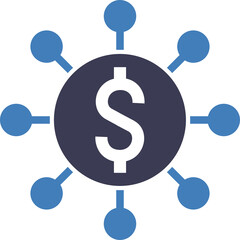 Dark Blue Circle With Dollar Sign In Center Surrounded By Eight Smaller Blue Circles Connected With Thin Lines Symbolizing Financial Network Or Business Connections