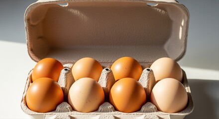 fresh brown eggs in a cardboard carton under bright light highlighting natural textures