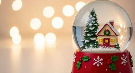 festive christmas snow globe with holiday home amid warm glowing lights background