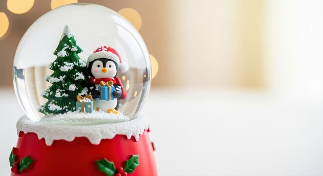 festive snow globe with penguin and christmas tree against a soft golden bokeh background - Powered by Adobe
