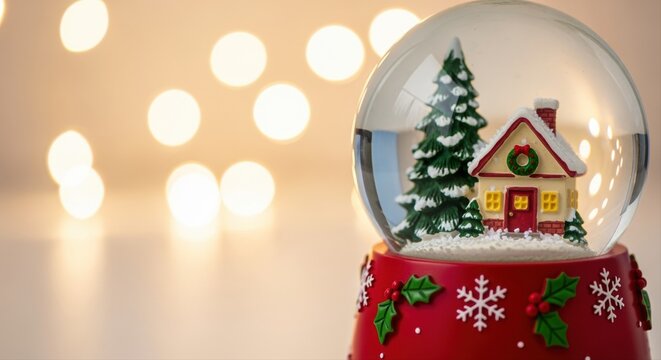 festive christmas snow globe with holiday home amid warm glowing lights background